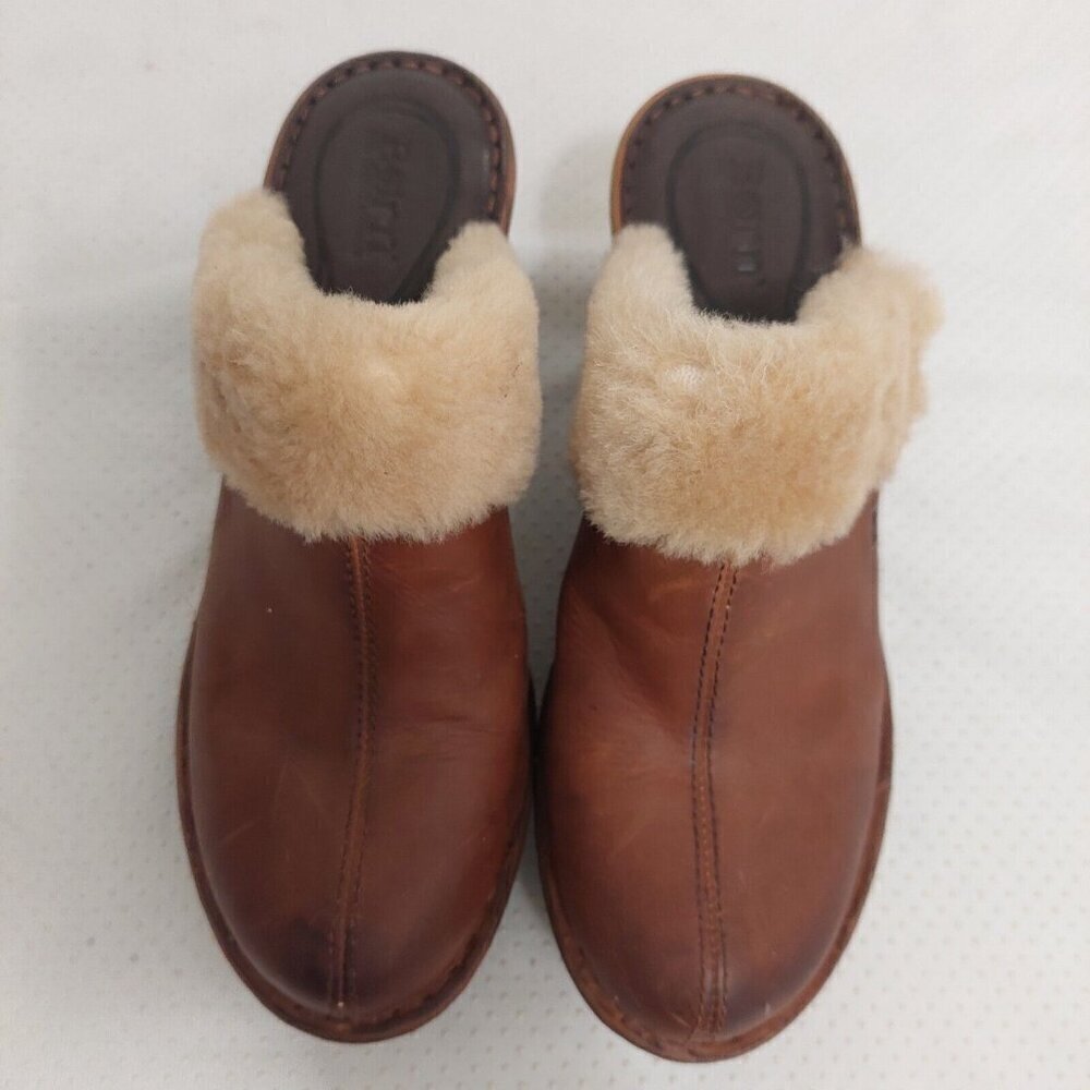 Born Y2K 90’s Brown Leather Shearling‎ Trim Mules Heels Chunky Platform Size 7M - Picture 9 of 10
